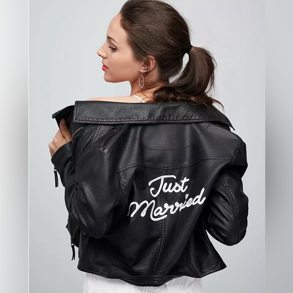 David's Bridal Just Married Embroidered Black Vegan Leather Moto Jacket Large